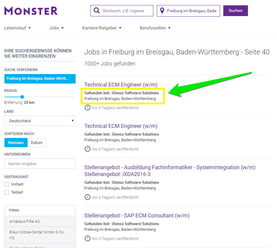 Bei Monster.de aggregierte Jobs erscheinen nach den bezahlten Anzeigen